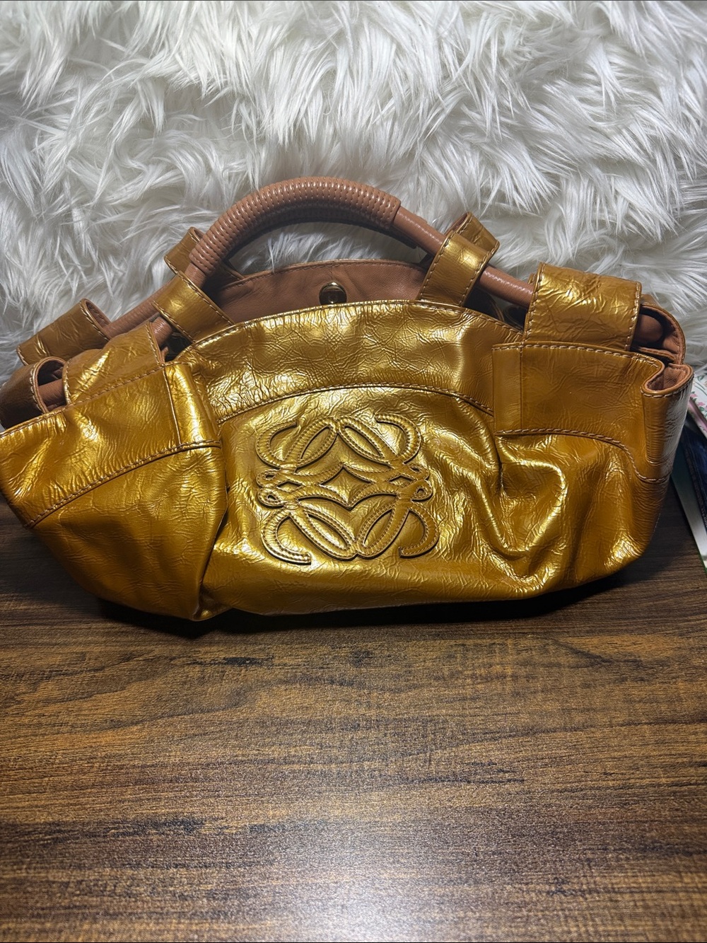 Loewe Metallic Gold Leather Shoulder Bag with Embossed Anagram